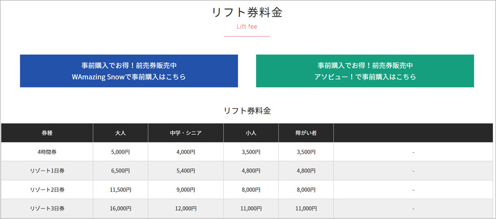 赤倉観光リゾートスキー場 リフト料金